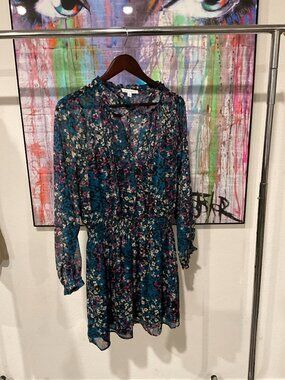 Socialite Floral Long Sleeve Smocked Waist Mini Dress Size L Blue Purple